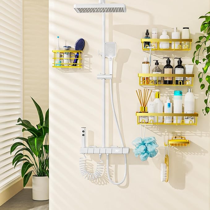 Moforoco Adhesive Shower Caddy Organizer Shelves Rack - 5 Pack Corner Bathroom Storage Organization, Home & Kitchen Decor Inside RV Accessories, Hanging First Apartment Household Camper Essentials