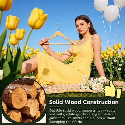 Luxury Wide Shoulder Wooden Coat Hangers with Anti Slip Pants Bar, Solid Wood Thick Jacket Hangers Smooth Finish for Sweater Dress Pants Sport Coats (Natural, 6 Pack), 360° Swivel Pearl Nickel Hook
