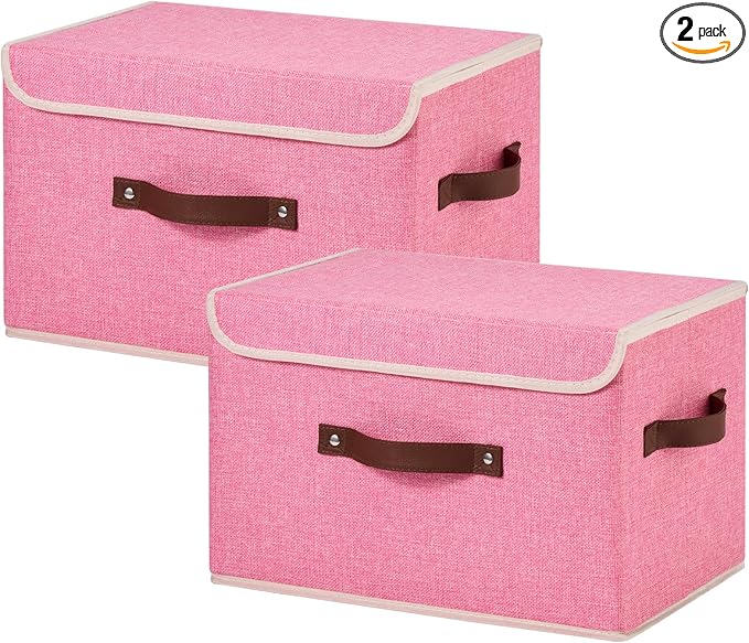 2PCS Storage Bins Box with Lids Decorative Cotton Linen Fabric Baskets Cubes with Handles PP Plastic Board Foldable Washable Lidded Clothing Shelf Closet Organizer Container (Pink, Large)