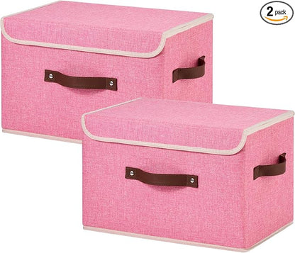 2PCS Storage Bins Box with Lids Decorative Cotton Linen Fabric Baskets Cubes with Handles PP Plastic Board Foldable Washable Lidded Clothing Shelf Closet Organizer Container (Pink, Large)