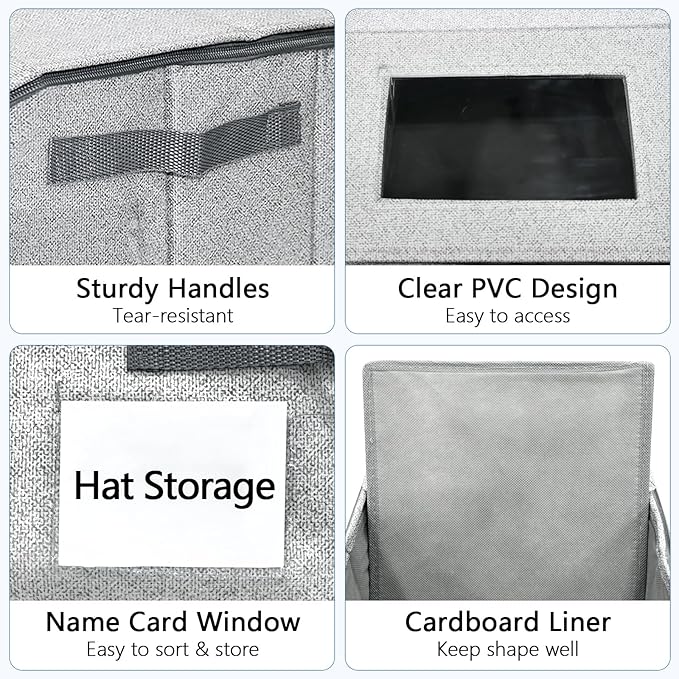 2 Pack Stackable Hat Storage Box for Baseball Caps 16.5 x 9 x 6.7 Inch Dustproof Cap Organizer with Clear Window & Cardboard Base to fit snapbacks, trucker hats, visors