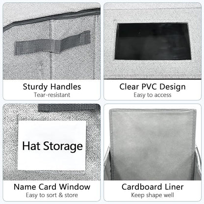 2 Pack Stackable Hat Storage Box for Baseball Caps 16.5 x 9 x 6.7 Inch Dustproof Cap Organizer with Clear Window & Cardboard Base to fit snapbacks, trucker hats, visors