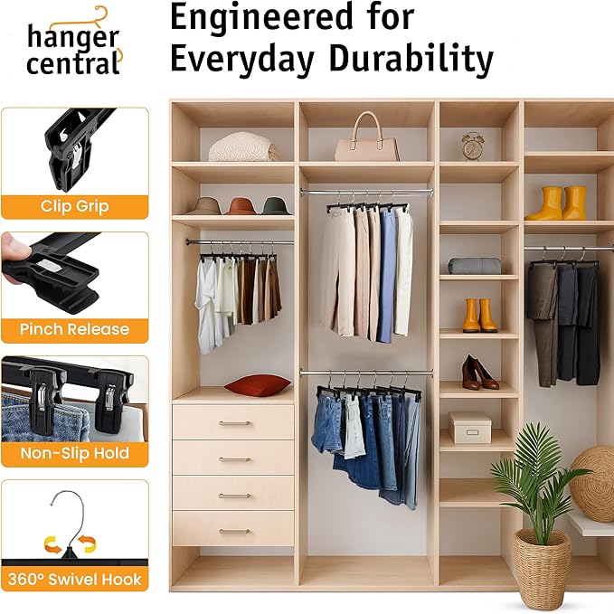 30 Pack Pants Hangers Slim Plastic Clothes Hangers with Clips for Skirts, Shorts & Trousers – Non Slip Grip, Heavy Duty Space Saver with Swivel Hook – Black Closet Organizer - 10 Inch