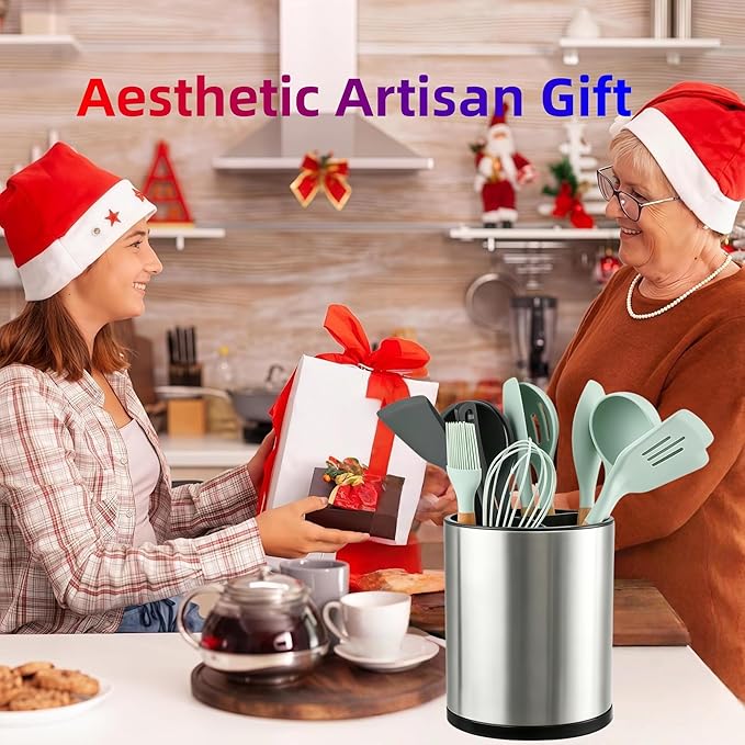 LIBODOUR Kitchen Utensil Holder Extra Large 360°Rotating For Counter Organizer Stainless Steel Storage Cooking Silverware Caddy 3 Compartment Flatware Spoon Spatula Tool Cutlery Container（Silvery）