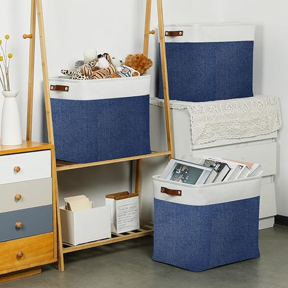 DULLEMELO 51L Large Baskets for Storage, Large Rectangular Baskets for Shelves [3 Pack], Blanket Basket Dog Basket for Organizing Closet, Nursery, Clothes (White&Blue)