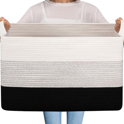 OIAHOMY Extra Large Blanket Basket, 95L Cotton Rope Woven Laundry Basket, Toy Bin for Baby Room, Container for Blanket Storage in Living Room, 24''×17''×14'', Gradient Black