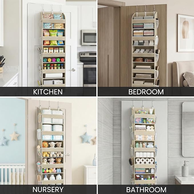 Over the Door Organizer with Toiletry Bag - 5 Shelf Hanging Organizer with 5 Large Pockets - Heavy Duty Storage for Bedroom, Bathroom, Pantry, Nursery (Beige)
