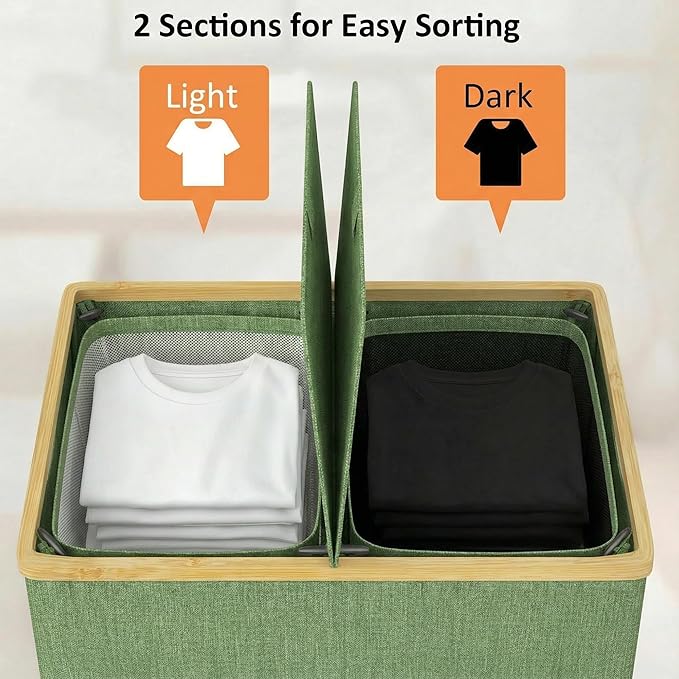efluky Laundry Hamper with Lid, Double Laundry Basket with 2 Removable Bags, 2 Section Laundry Bin with Bamboo Handles for Bathroom, Bedroom & Laundry Room, 140L (36.9 Gallon) Sage Green