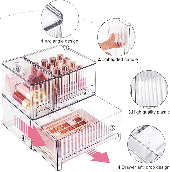 Clear Stackable Makeup Organizer, 3 Pack Plastic Drawer Storage with Handle for Vanity Bathroom Countertop, Transparent