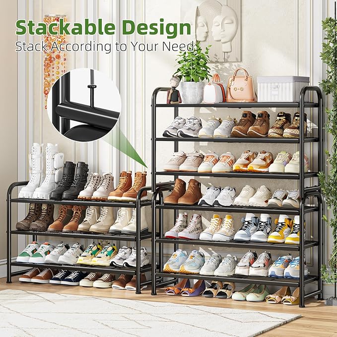 Simple Trending 3-Tier Expandable Shoe Rack, Adjustable & Stackable Shoe Organizer, Heavy Duty Metal Free Standing Shoe Shelf Storage for Closet Entryway Doorway, Black