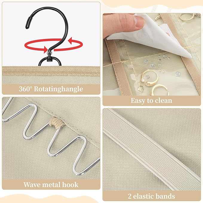 GMAK Hanging Jewelry Organizer with Hanger Metal Hooks, Double-Sided Jewelry Holder Accessories Organizer Storage Roll for Jewelry, Earrings, Bracelets, Necklaces, Rings - Beige