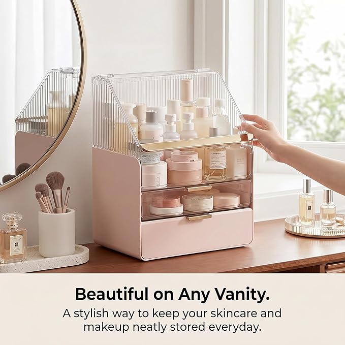 Large Cosmetic Organizer Skincare Holder Bathroom Counter Organizer Fully Transparent Storage Box Dustproof Waterproof Cosmetics Display Case with Drawers for Skincare Lipstick Brushes (Pink)