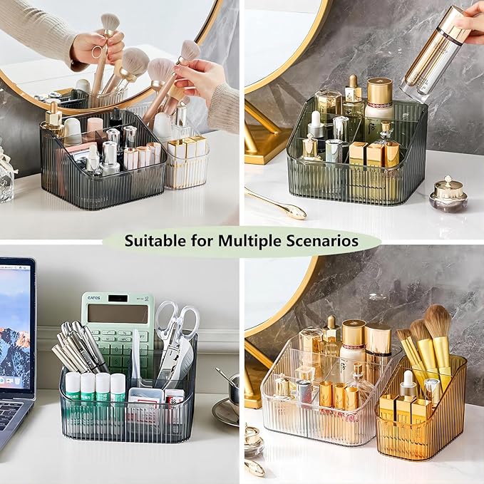 DASITON Large Capacity Makeup Brush Holder,5 Slot Makeup Brush Cup,Vintage striped Make Up Brush Holder,for Vanity Decor,Bathroom Countertops,Desk Storage Container,Cosmetic Display cases(Green-L)