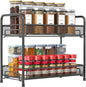 Spice Rack Organizer for Countertop,Xpatee 2-Tier Foldable Metal Rust-Proof Standing Large Seasoning Storage Shelf with Guardrail and Mesh Design for Kitchen Cabinet Bathroom Living Room Pantry, Black