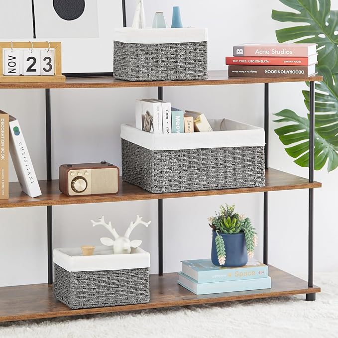 Vagusicc Wicker Basket, Set of 3 Hand-woven Storage Baskets for Organizing, Decorative Rectangle Wicker Storage Basket Bins with Handles, Small Toilet Paper Storage Baskets for Shelves & Decor, Grey