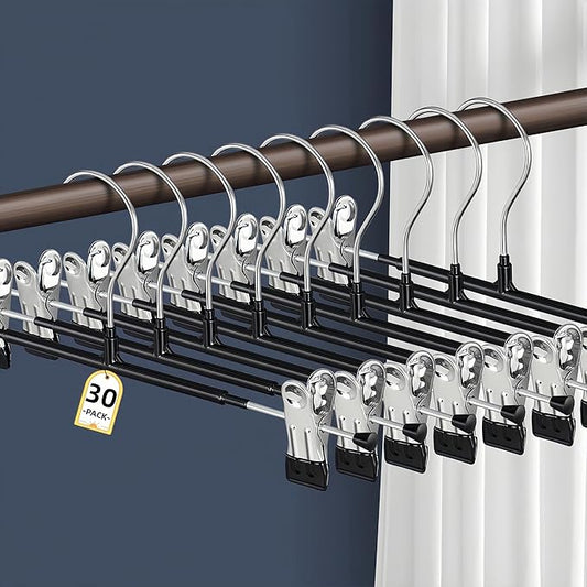 30PACK Pants Hangers with Clips Adjustable Skirt Hangers for Women Black Metal Non-Slip Trousers Hanger Heavy Duty Space Saving Clothes Hangers for Shorts,Jeans,12Inch