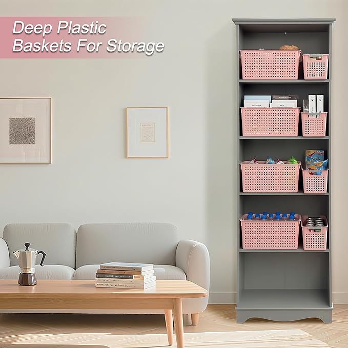 Soddeph Slim Plastic Storage Basket with Handles, Narrow Organizer box for Shelves, Organizer box for Organizing, Kitchen,Home,Office (Pink, Large)