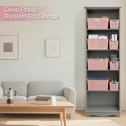 Soddeph Slim Plastic Storage Basket with Handles, Narrow Organizer box for Shelves, Organizer box for Organizing, Kitchen,Home,Office (Pink, Large)