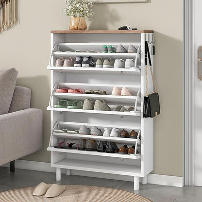 Contemporary Shoe Cabinet with 3 Flip Doors Free-Standing Wooden Shoe Rack Shoe Storage Organizer for Entryway Hallway Small Space (White&Natural)