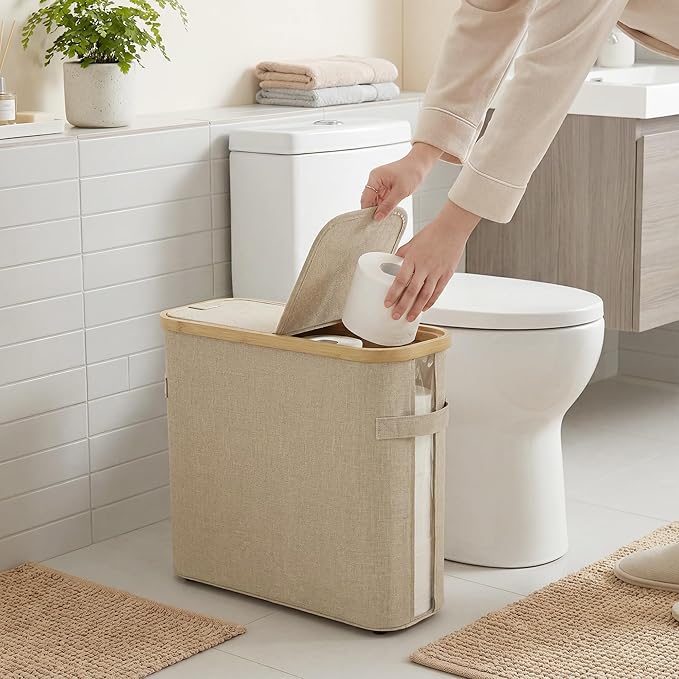 StorageWorks Toilet Paper Storage Baskets with Dual Flip Lids, Toilet Paper Organizer for Bathroom, Toilet Paper Container with Side Pocket, Holds 9 Mega or 12 Regular Rolls, Medium, Oatmeal