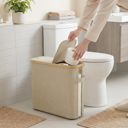 StorageWorks Toilet Paper Storage Baskets with Dual Flip Lids, Toilet Paper Organizer for Bathroom, Toilet Paper Container with Side Pocket, Holds 9 Mega or 12 Regular Rolls, Medium, Oatmeal