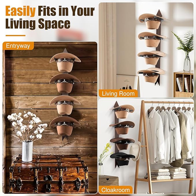 Cinati Cowboy Hat Rack, Cowboy Hat Holder Wall Mount Holds up to 4 Hats, Wooden Western Rustic Metal Cowboy Hat Hanger with Arrow Sign Board, Hat Rack for Cowgirl Hat, Fedora, Sun Hats (2 pack)