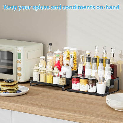 BOIVSHI Spice Rack Organizer for Cabinet, Expandable 3 - Tiered Spice Rack, Metal Spice Organizer, Spice Shelf Organizer for Cabinet, Countertop, Pantry, Cupboard, Black