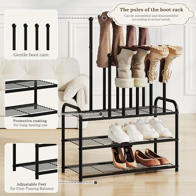 Kitsanery Shoe Rack - 3-Tier Metal Boot Rack Organizer for Entryway, Closet & Garage, Free Standing Shoe Shelf for Storage Tall Boots, Sneakers, Cowboy Boots, Black (Medium - 6 Pairs)