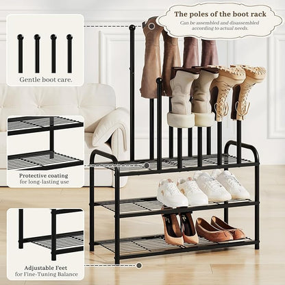 Kitsanery Shoe Rack - 3-Tier Metal Boot Rack Organizer for Entryway, Closet & Garage, Free Standing Shoe Shelf for Storage Tall Boots, Sneakers, Cowboy Boots, Black (Medium - 6 Pairs)