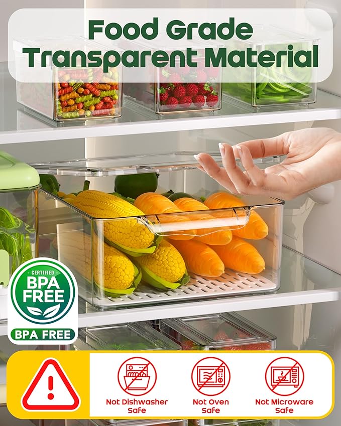 KEMETHY 11 Pack Refrigerator Organizers and Storage, Stackable Fridge Organizer Bins, BPA-Free Clear Plastic Fruit Storage Containers for Fridge, Kitchen, Fruits, Drinks, Produce, Vegetable