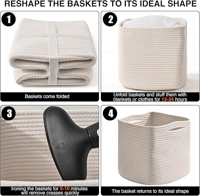 ICERZCZ 13 Inch Cube Closet Storage Bins, Woven Cotton Rope Organizer Baskets for Organizing & Shelves, Books, Towels, Clothes, Toys, 13x13x13 in, Off White (Pack of 3)