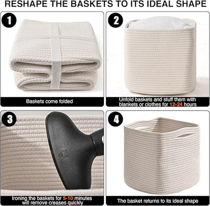 ICERZCZ 13 Inch Cube Closet Storage Bins, Woven Cotton Rope Organizer Baskets for Organizing & Shelves, Books, Towels, Clothes, Toys, 13x13x13 in, Off White (Pack of 3)