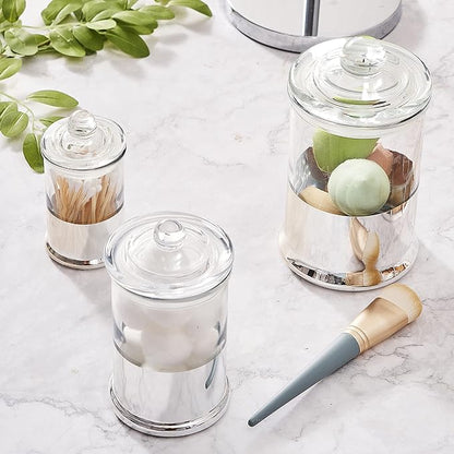 KMwares 3PCs Set Small Glass Premium Quality Apothecary Jars with lids Bathroom Accessories Set for Bathroom Laundry Room Storage Organizer Canisters Cotton Balls Q-Tips (Sliver jar)