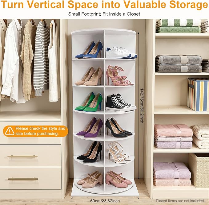 360° Rotating Shoe Rack Tower - Spinning Shoe Organizer for Entryway, Free Standing Lazy Susan Shoe Rack (6 Tiers 23.62 * 23.62 * 56.2in White)