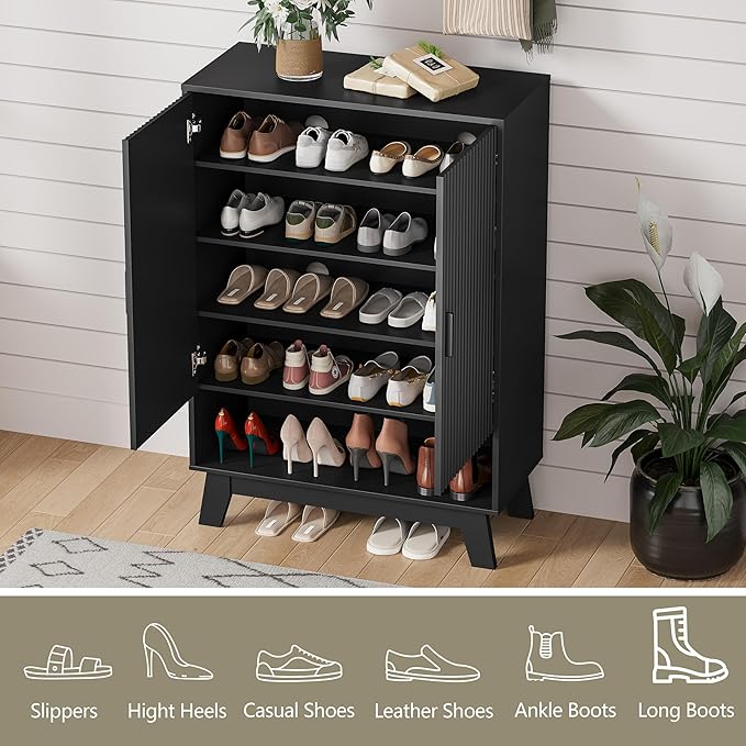 Shoe Cabinet Storage for Entryway, 5 Tier Fluted Shoe Storage Cabinet with Wooden Legs, Narrow Hidden Shoe Organizer with Adjustable Shelves, Freestanding Shoe Rack for Entryway, Hallway, Black