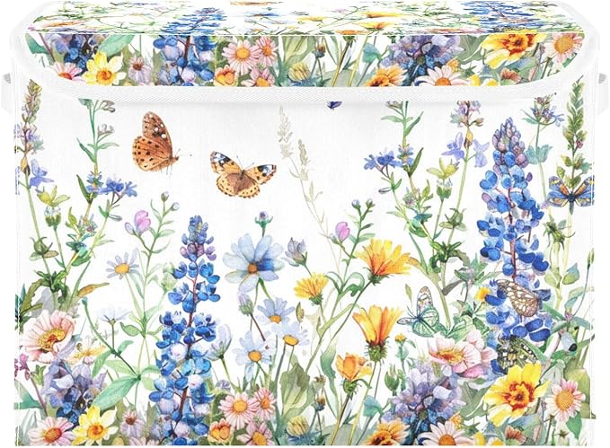 senya Flower Baskets Collapsible Storage Bins with Lids, Watercolor Wildflowers Spring Storage Boxes Clothes Baskets for Organizing, B06D22020