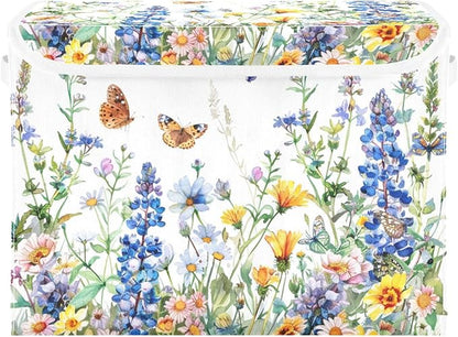 senya Flower Baskets Collapsible Storage Bins with Lids, Watercolor Wildflowers Spring Storage Boxes Clothes Baskets for Organizing, B06D22020