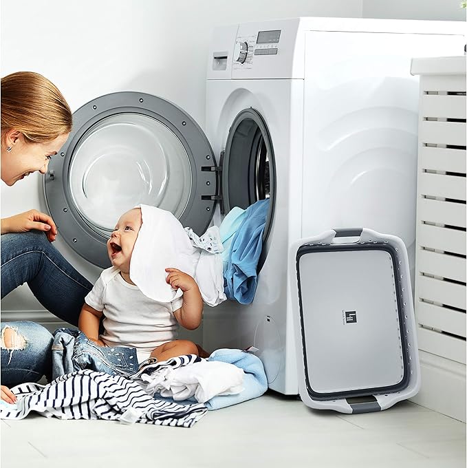 Lavish Home Collapsible Plastic Laundry Basket - Space-Saving Portable Clothes Hamper with Comfort Grip Handles for Laundry Room Organization and Storage (Gray)