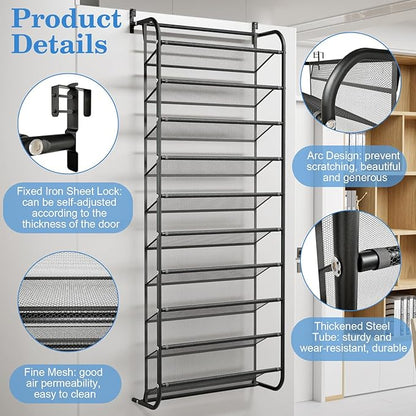 AQQHSAIN 10 Tier Over The Door Shoe Organizer Wall Shoe Shelf Shoe Holder Door Shoe Rack for Closet Pantry Hanging Shoes Clothes Toys Storage Shelves (Black)