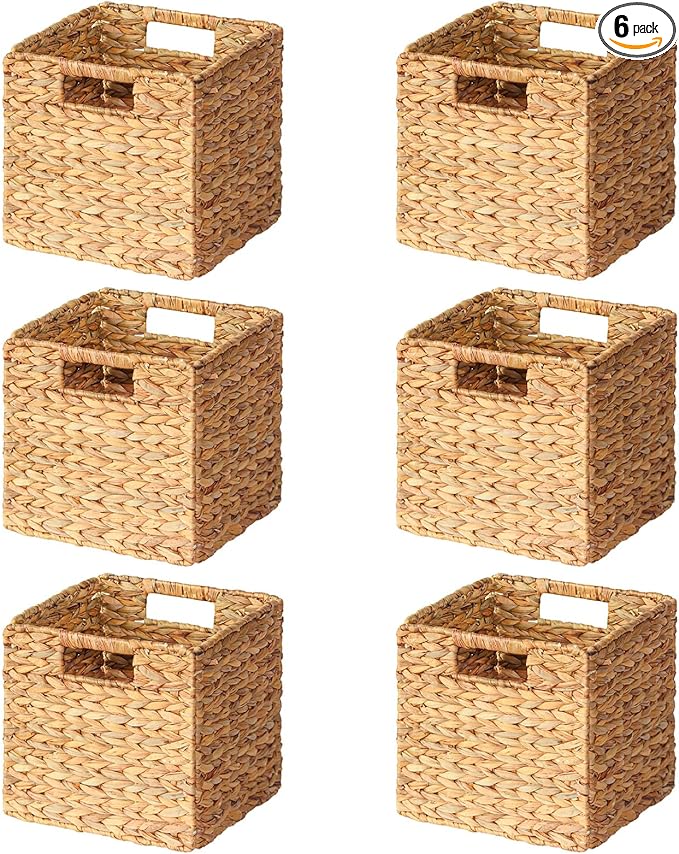 SpaceAid 6 Pack Wicker Basket, Storage Baskets for Organizing, Woven Rattan Basket with Handles for Shelves, Water Hyacinth Large Cube Organizer Storage Bin, 10.5x10.5x10.5 inch, Natural