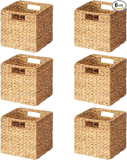 SpaceAid 6 Pack Wicker Basket, Storage Baskets for Organizing, Woven Rattan Basket with Handles for Shelves, Water Hyacinth Large Cube Organizer Storage Bin, 10.5x10.5x10.5 inch, Natural
