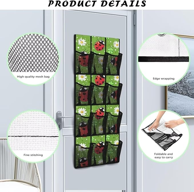 Door Organizer Hanging, Ladybug Collapsible Over the Door Shoe Rack 12 Pocket Waterproof Space Saving Door Hanging Storage for St Patrick‘s Day Wall Door Home Decor