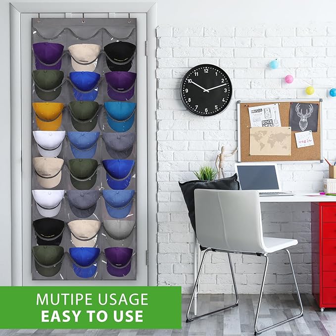Dofilachy Hat Rack - Hat Organizer - Hat Racks for Baseball Caps, Visible Hat Holder - Baseball HatRack for Wall Door with 3 Hooks, 27 Deep Pockets