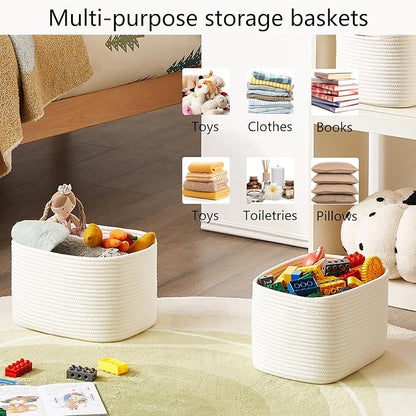 Storage Baskets for Shelves White Rope Basket for Organizing 4 Pack Rectangle Toy Bins for Nursery 12.7"Lx9"Wx7.9"H