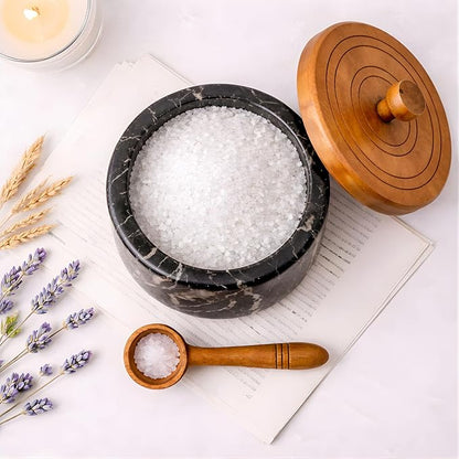 Marble salt cellar with lid and spoon, salt container with spoon, salt bowl with acacia wood lid, salt holder for countertop, salt jar - Black