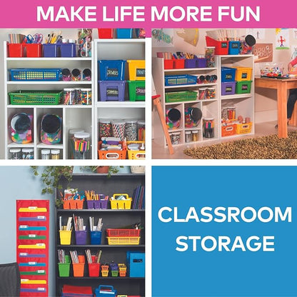 Fun Express Stackable Storage Bins 13x9.75x3 Inch - 6 Pack Colorful Plastic Storage Baskets with Handles for Classroom Organization | Paper Trays for Teachers, Office Storage & Home Organizing