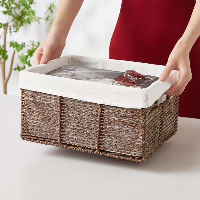 Vagusicc Wicker Storage Basket, 6 Pack Baskets for Organizing, Wicker Baskets with Handle, Rectangular Woven Basket for Storage Shelves, Cube Storage Bins for Closet/Clothes/Dresser, Brown