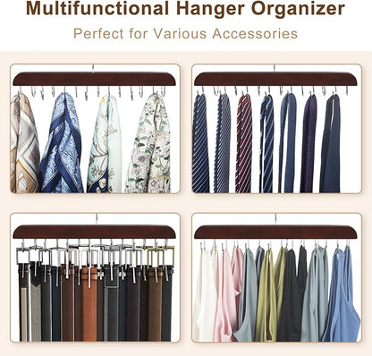 Belt Hanger for Closet, Sturdy Wood Belt Rack Closet Accessories with 14 Hooks Belt Organizer for Closet Organizers and Storage Max 42 Belts-Mahogany 2 Pack