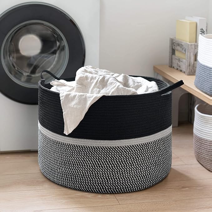 CHICVITA Extra Large Laundry Basket, Woven Rope Blanket Basket for Towels, Clothes, Toy Storage, Pillow Basket for Living Room, Family Room, 22 x 22 x 14 inches, Black