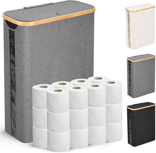 Odonata Large Toilet Paper Storage Basket with Lid, Slim Toilet Paper Organizer, Hold up to 20 Regular Rolls or 15 Mega Rolls. (Grey, 49L)